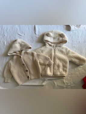 Cozy Cream Baby Hooded Jackets - Knitted & Sherpa Set